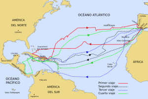 Mapa que describe los cuatro viajes de Colón