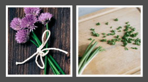 Flor de cebollino al lado de cebollín cortado